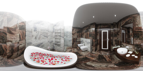 3d illustration spherical 360 degrees, seamless panorama of bathroom interior design in modern style. 