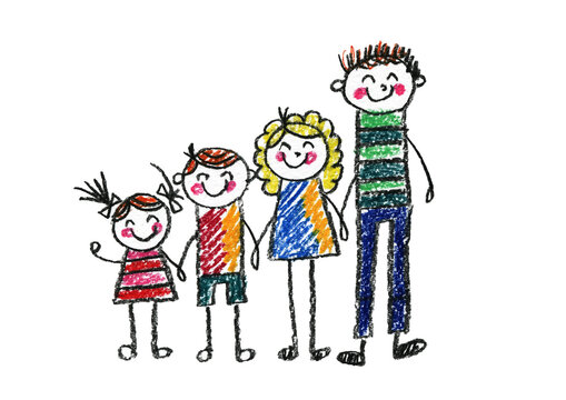 Kids drawing Happy family Mother, father, sister, brother Boy and girl with parents Young son and daughter with mother and father Children illustration