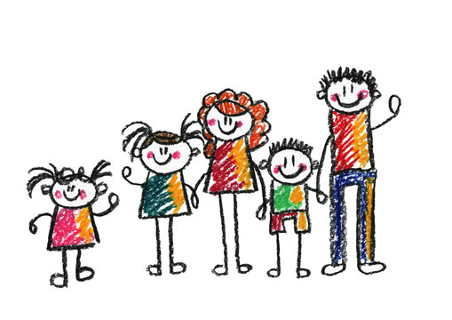 Kids drawing Happy family Mother, father, sister, brother Boy and girl with parents Young son and daughter with mother and father Children illustration