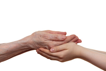 Old and young holding hands of each other, isolated on a white background.