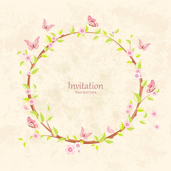 Fototapeta na wymiar cute floral wreath with blooming sakura on grunge background for