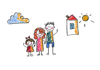 Kids drawing Happy family Mother, father, sister, brother Happy mom and dad with son and daughter Family house Children illustration with happy couple, kids, parents, house Home for my family Chalk