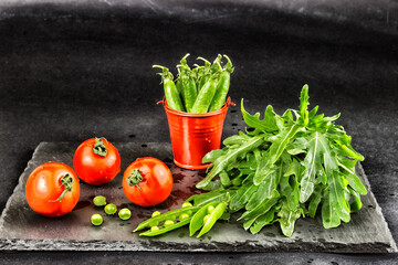 Salad dressing Vegetables tomatoes, arugula, green peas Vegetarianism and healthy eating