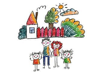 Kids drawing Happy family Mother, father, sister, brother Happy mom and dad with son and daughter Family house Children illustration with happy couple, kids, parents, house Home for my family Chalk