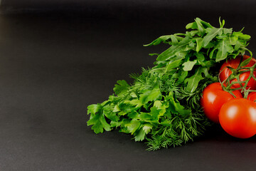 Salad dressing Vegetables tomatoes, arms, dill, coriander Vegetarianism and healthy eating  Copy Spase