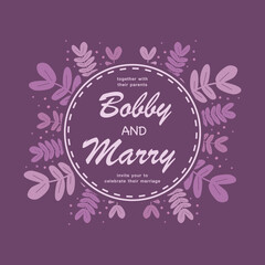 Elegant purple leaves wedding invitation card template.Vector illustration design