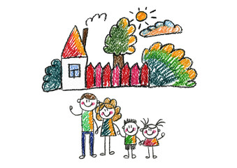 Kids drawing Happy family Mother, father, sister, brother Happy mom and dad with son and daughter Family house Children illustration with happy couple, kids, parents, house Home for my family Chalk