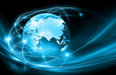 Best Internet Concept of global business. Globe, glowing lines on technological background. Wi-Fi, rays, symbols Internet, 3D illustration