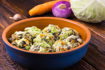 Healthy lazy cabbage rolls with mushrooms and rice.