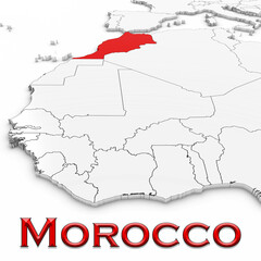 3D Map of Morocco with Country Name Highlighted Red on White Background 3D Illustration