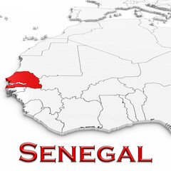 3D Map of Senegal with Country Name Highlighted Red on White Background 3D Illustration