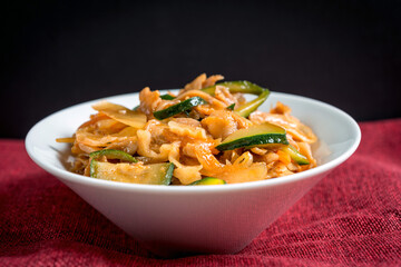 wok fried chicken stir fry with sweet peppers and chinese vegetables