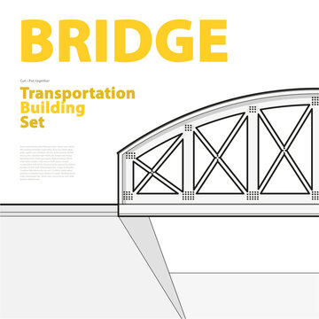 Outline set of vector arched train bridge in side view. Isolated industrial transportation building. Metallic bridge architecture. Typography layout, railway arc bridge. Assembled bridge construction.