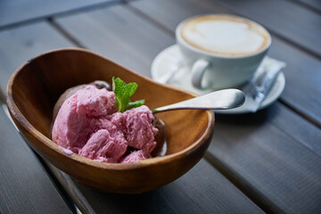 ice cream sundae dish on the table in a cafe