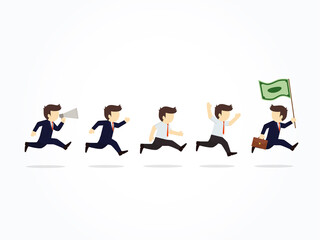 Business people running with a money flag. Vector illustration.