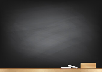 Blackboard background, chalk and blackboard eraser, rubbed out dirty chalkboard, vector illustration © chakisatelier