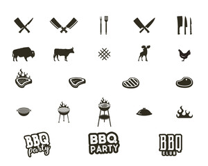  Steak house and grill silhouette textured icons. Black shapes isolated on white background. Included grill equipment, tools, elements and typography signs - bbq party concept and other. - obrazy, fototapety, plakaty