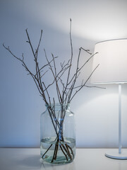 Twigs in vase on bureau. White wall and desk lamp in background. Scandinavian design.