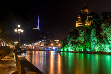 Tbilisi at night with Cathedral and TV-tower, view from river Kura © ilyaska