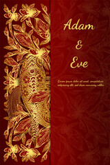 Paphiopedilum orchids and koi fish card by hand drawing.Flower with japan fish on red background.