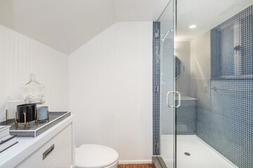 Modern bathroom with blue glass shower