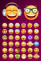 Set of Cute Emoticons on Dark Background. Isolated Vector Illustration 