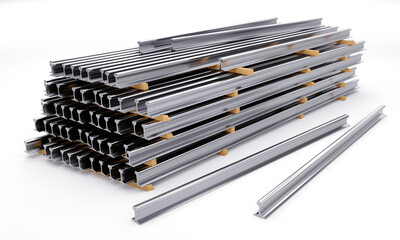 Stack of train rails isolated on white - 3D illustration