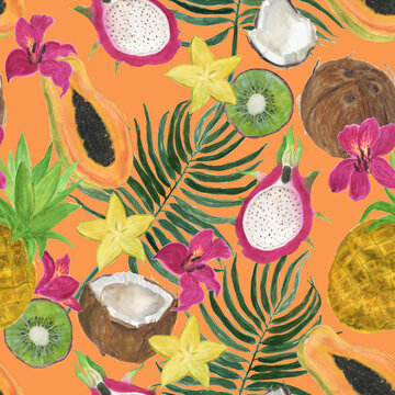 Watercolor painting seamless pattern with exotic fruits and palm leaves, astromelia flowers