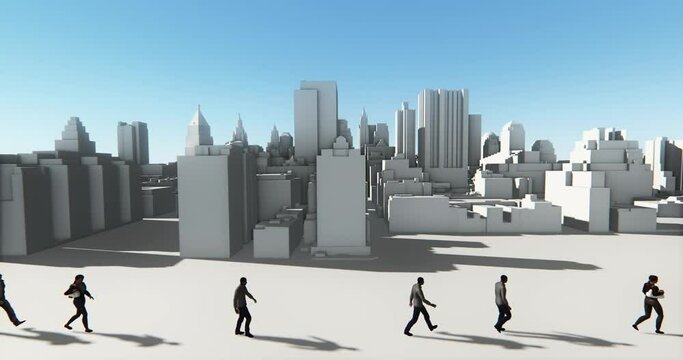 4k Business people walking on the front of abstract urban building,Business empire.