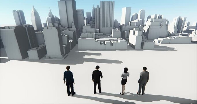 4k Business people overlooking the abstract urban building,Business empire.