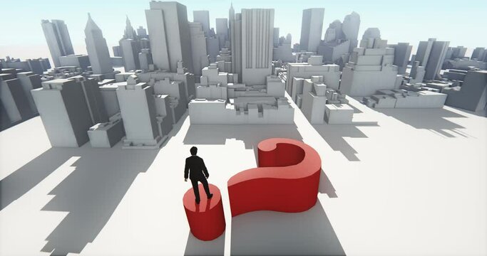 4k businessman standing on the top of 3d question mark,and overlook the abstract urban building,Business empire.