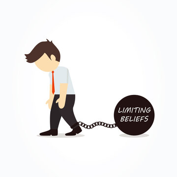 Businessman chained to his limiting beliefs. Vector illustration.