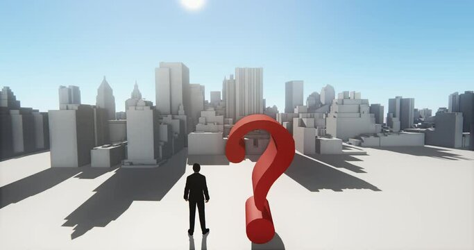 4k businessman standing on the top of 3d question mark,and overlook the abstract urban building,Business empire.