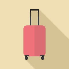 The image of a red suitcase on wheels with an extended handle. Flat design