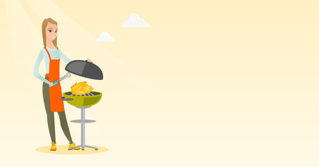 Woman cooking chicken on barbecue grill.