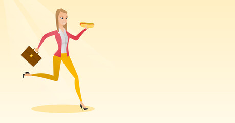 Fototapeta na wymiar Business woman eating hot dog vector illustration.