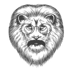 Hipster lion isolated on white background, vector illustration. Lion with mustache and eyeglasses