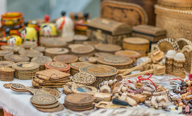 Souvenirs made of wood. Folk art. And the sale of Baubles.