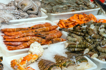 Seafood and shellfish for sale at a market