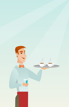 Waiter holding tray with cups of coffeee or tea.