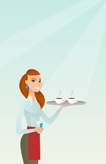 Waitress holding tray with cups of coffeee or tea.