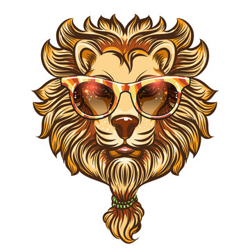 Hipster lion with colorful eyeglasses. Vector colorful boho lion isolated on white background