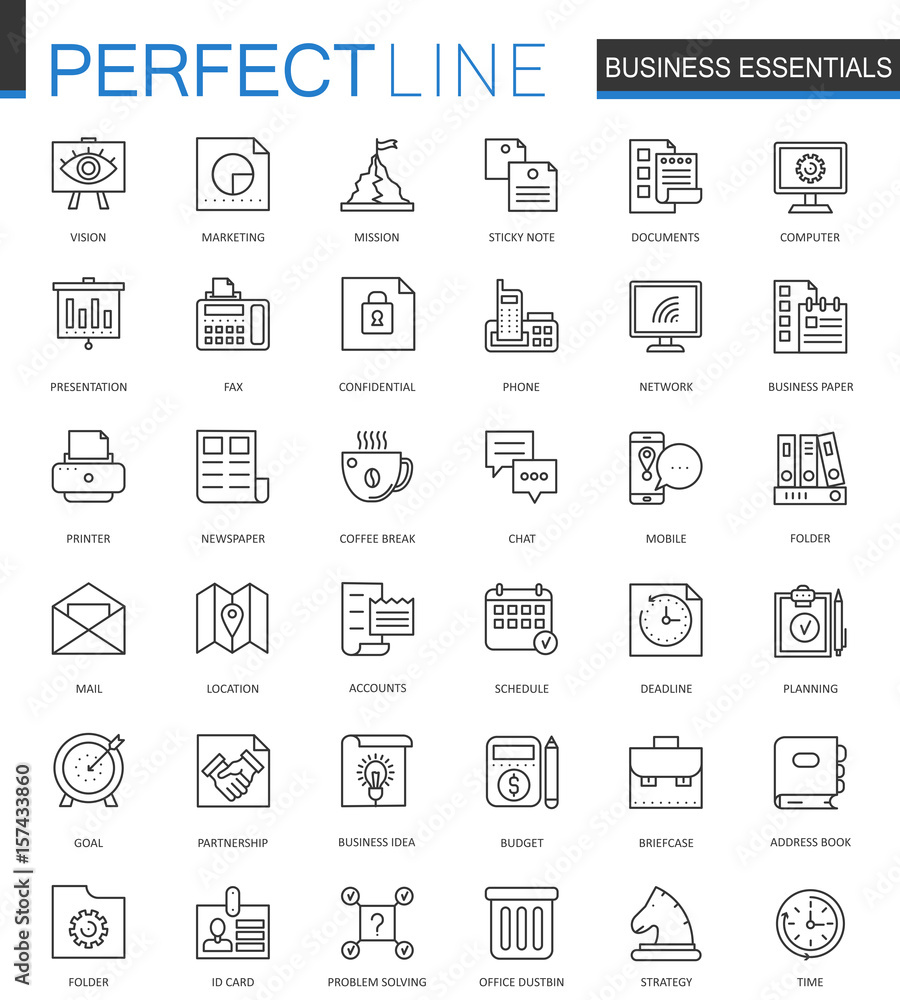 Poster business essential thin line web icons set. outline stroke icons design.