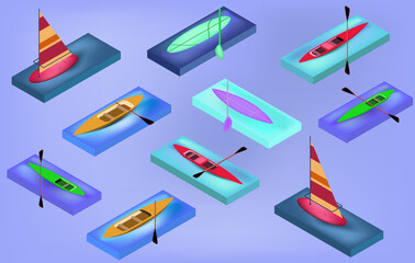 Isometric sporting boats, canoes, sailing, surfboard, with their oars,