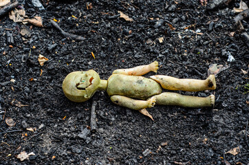 Old broken doll on the pile of the ash