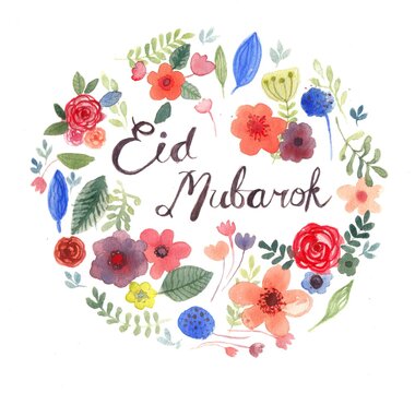 Watercolor Eid Mubarak Greeting. Circle Shaped Floral Style Greeting.