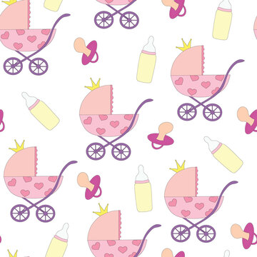 Seamless pattern for the girl. A vector picture with a carriage, a pacifier.