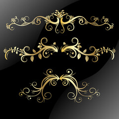 Set of golden calligraphic vector separated by layers isolated on black background