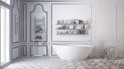 Unfinished project of white scandinavian bathroom, sketch abstract interior design