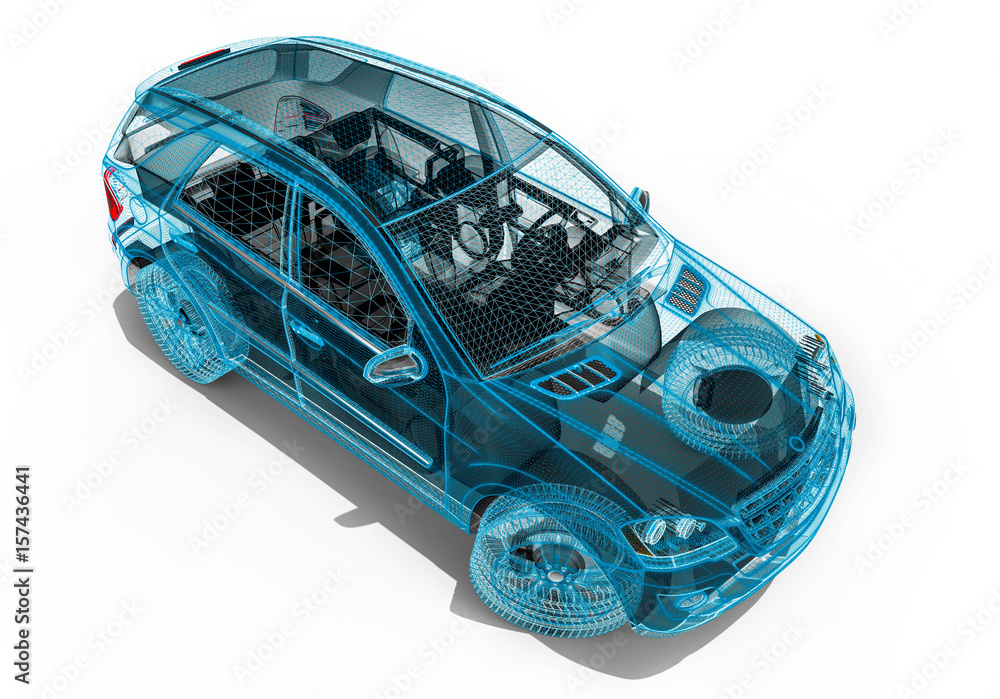 Poster wire frame suv / 3d render image representing an luxury suv in wire frame